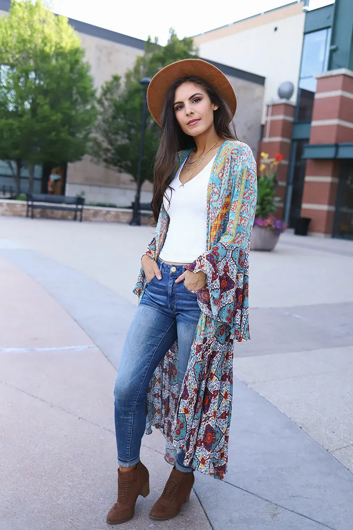 Sparrow Patchwork Ruffled Boho Kimono Duster - Dusty Mint