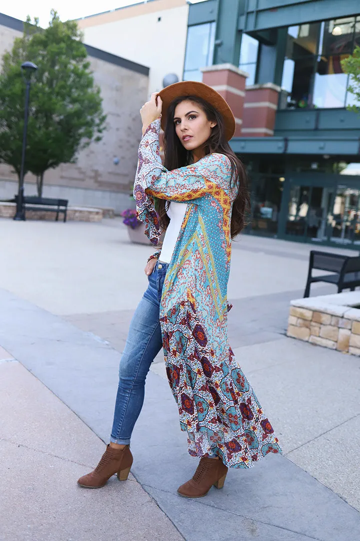 Sparrow Patchwork Ruffled Boho Kimono Duster - Dusty Mint