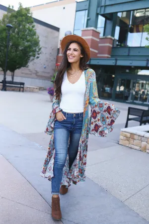 Sparrow Patchwork Ruffled Boho Kimono Duster - Dusty Mint