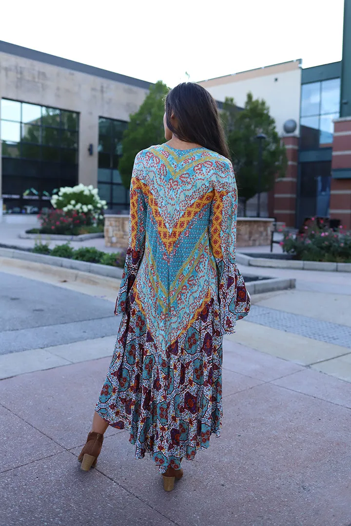 Sparrow Patchwork Ruffled Boho Kimono Duster - Dusty Mint