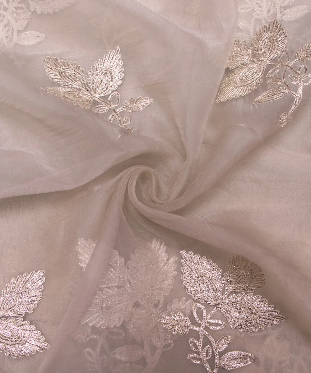 Stone Grey Colour Floral Embroidery Organza Silk Fabric