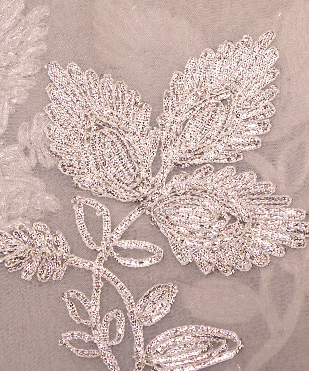 Stone Grey Colour Floral Embroidery Organza Silk Fabric