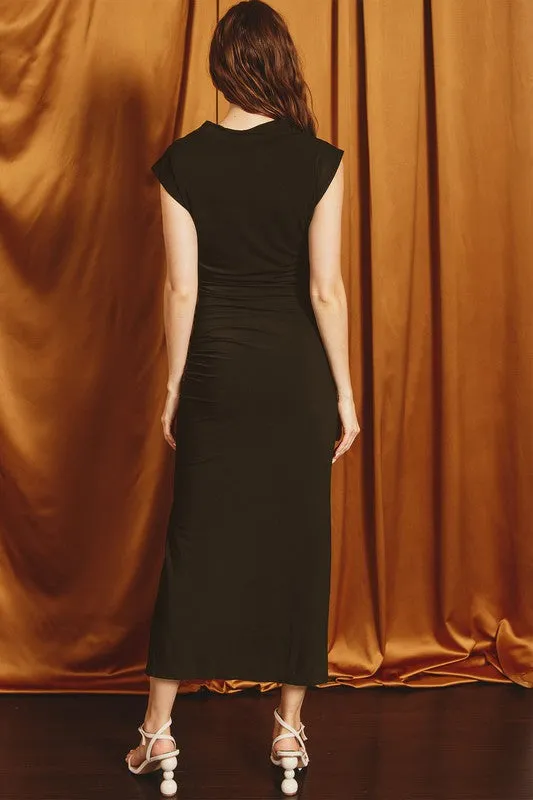 Stretchy Mock Neck Midi Slit Dress