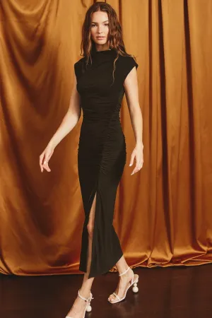 Stretchy Mock Neck Midi Slit Dress