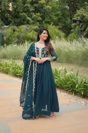 Stunning Faux Georgette Embroidered Rama Traditional Gown