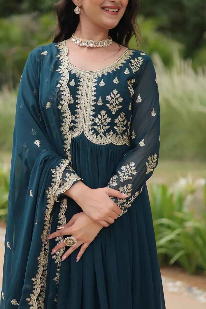 Stunning Faux Georgette Embroidered Rama Traditional Gown