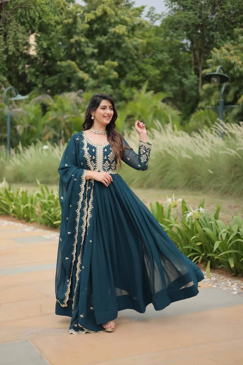 Stunning Faux Georgette Embroidered Rama Traditional Gown