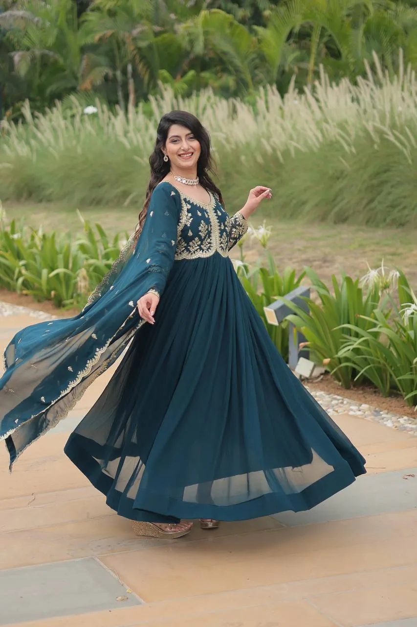 Stunning Faux Georgette Embroidered Rama Traditional Gown