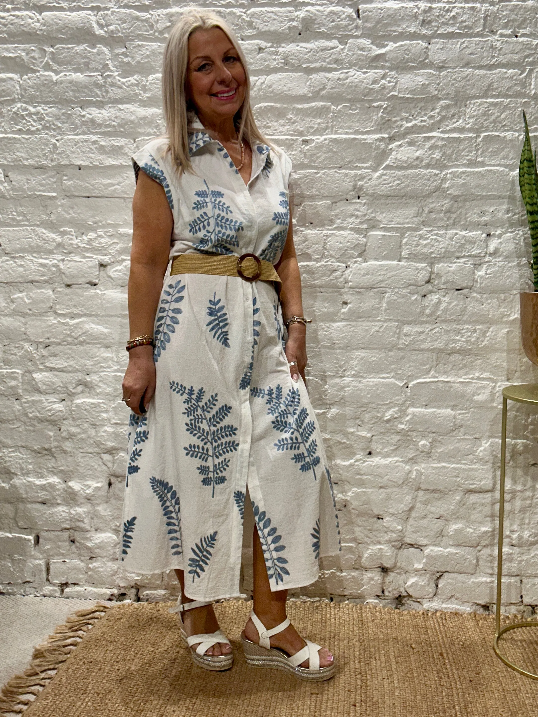 The Fern Leaf Embroidered Long Maxi Dress With Belt