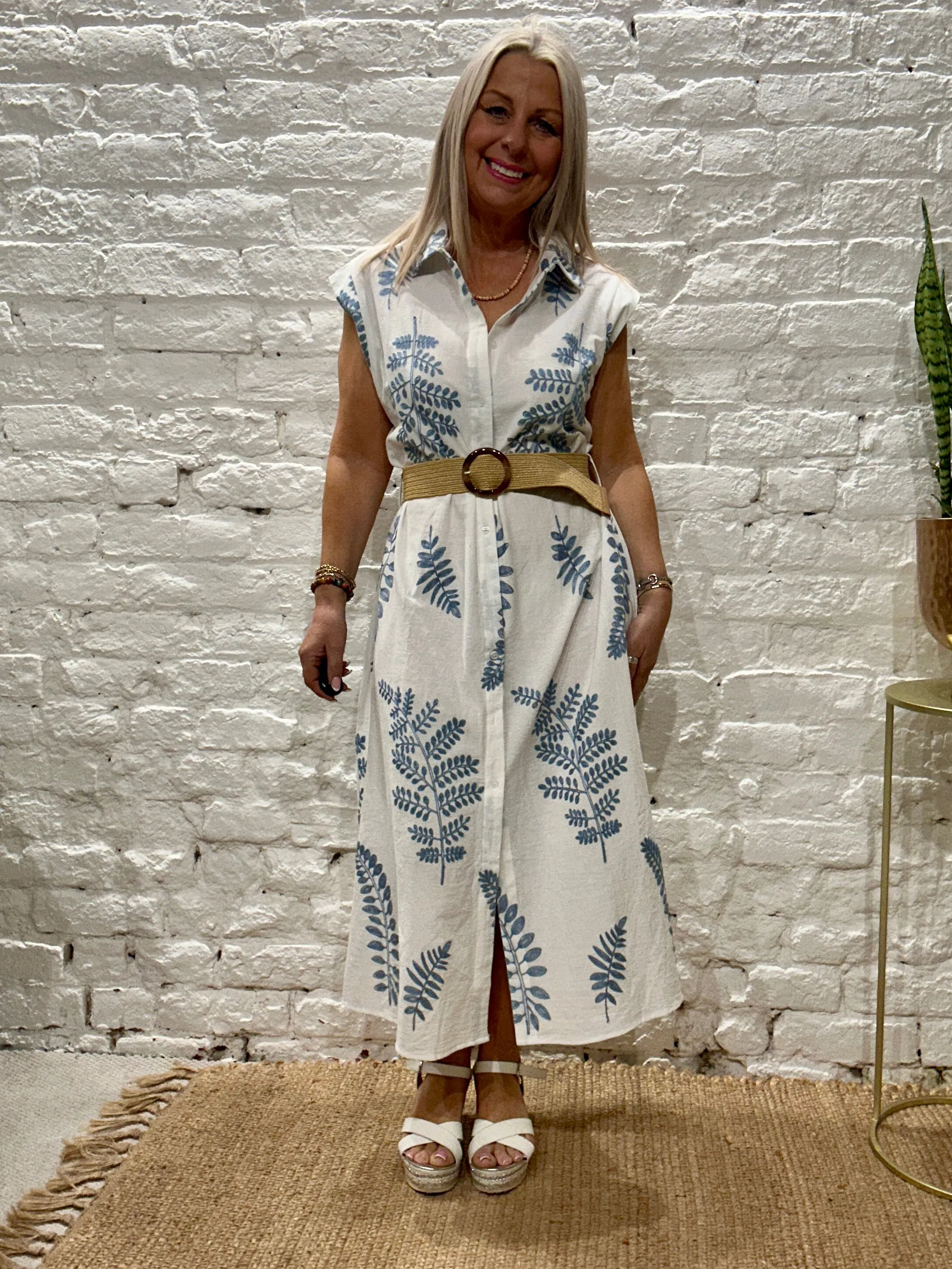 The Fern Leaf Embroidered Long Maxi Dress With Belt