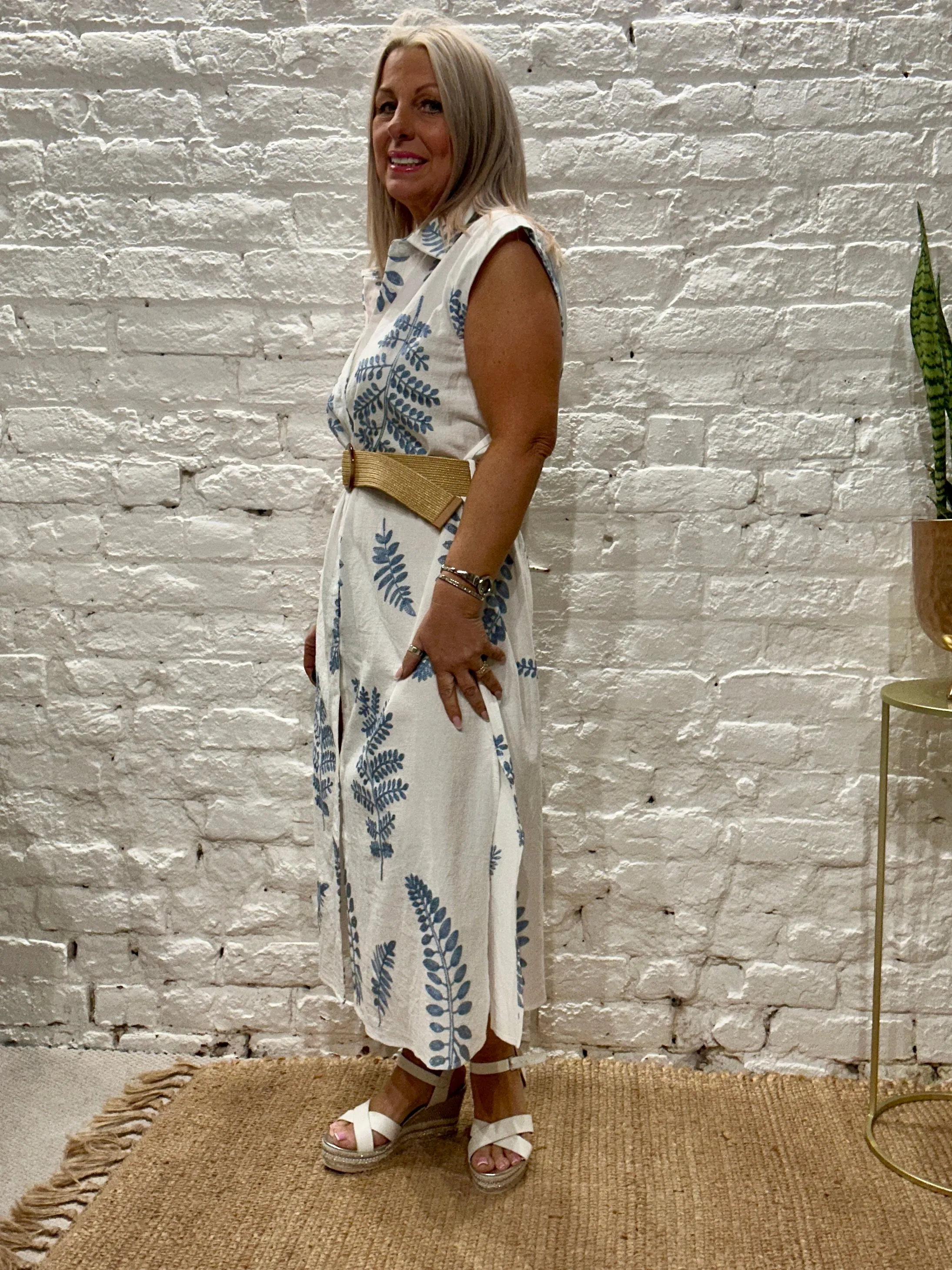 The Fern Leaf Embroidered Long Maxi Dress With Belt
