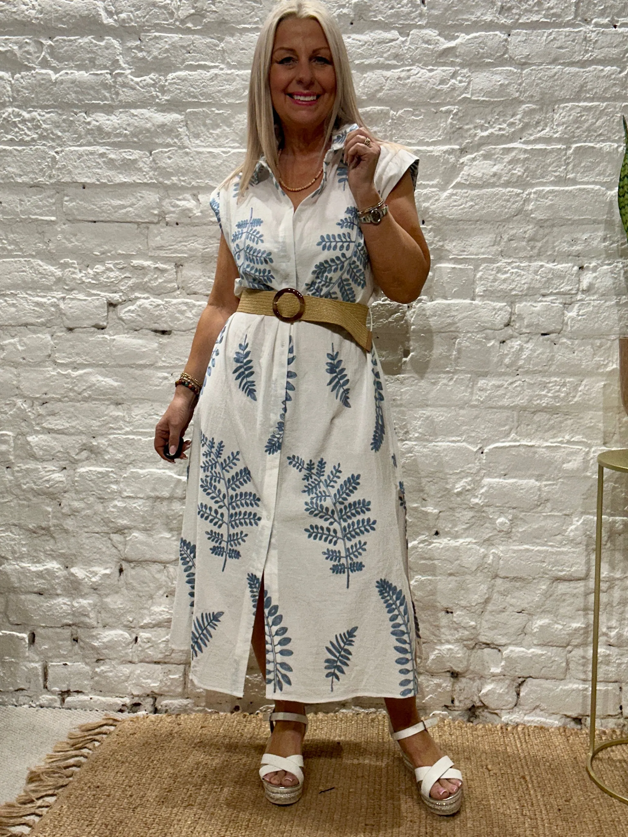 The Fern Leaf Embroidered Long Maxi Dress With Belt