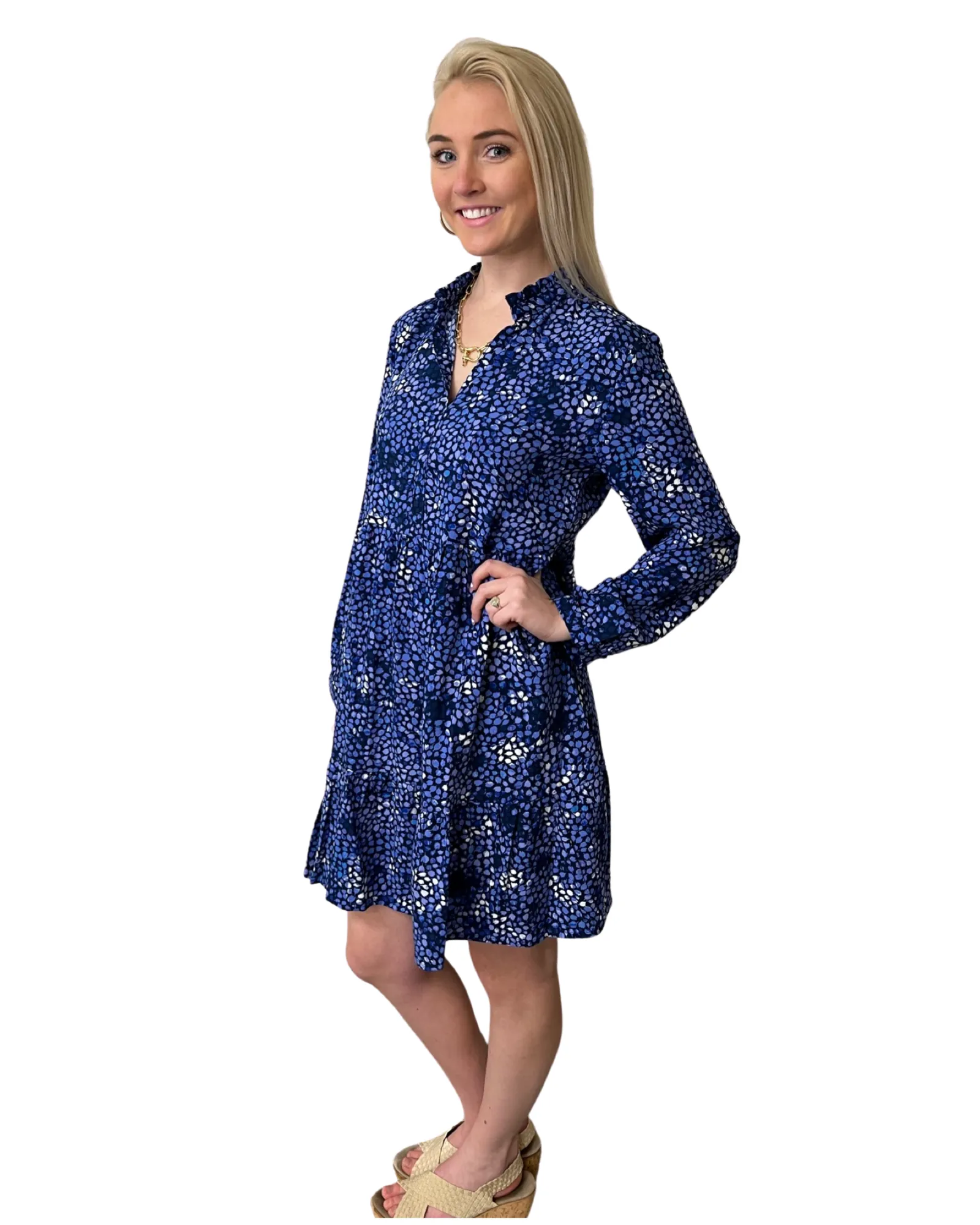 The Marnie Notch Neck Dress in Blue Confetti Dot