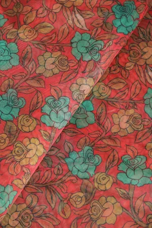 Turquoise Floral Digital Print On Red Organza Fabric