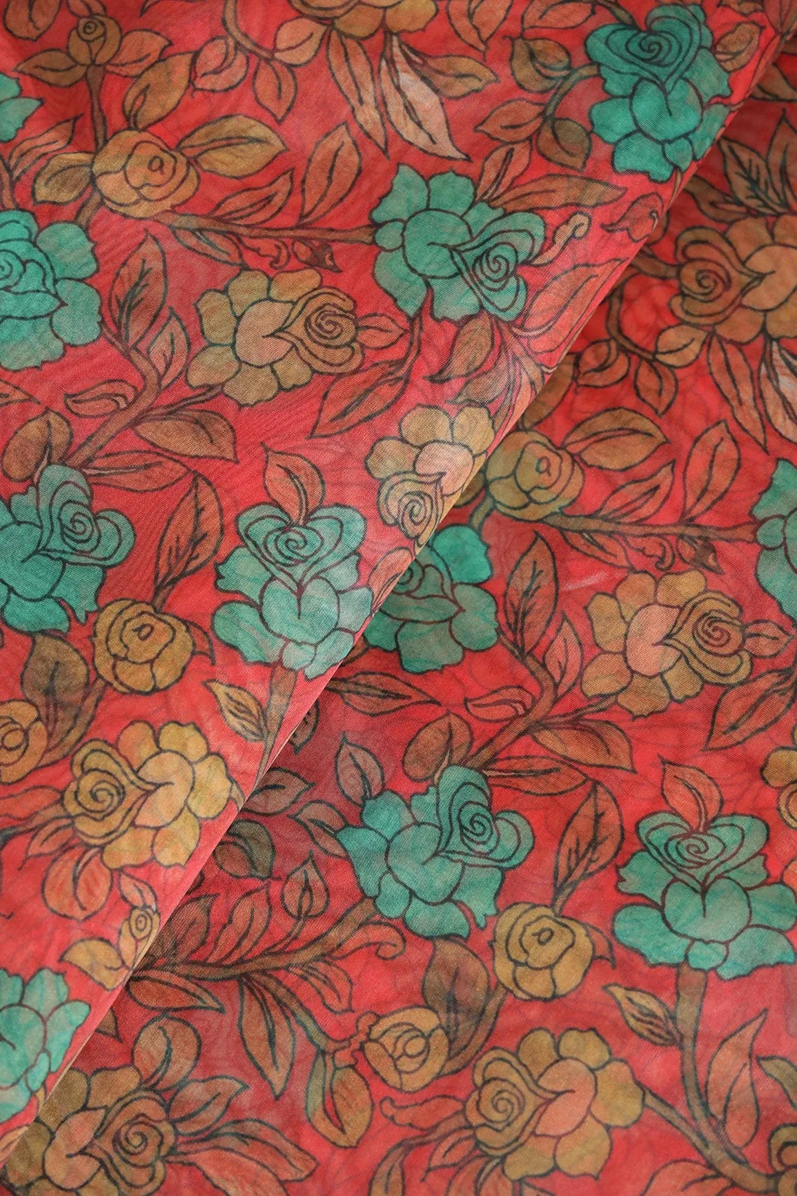 Turquoise Floral Digital Print On Red Organza Fabric