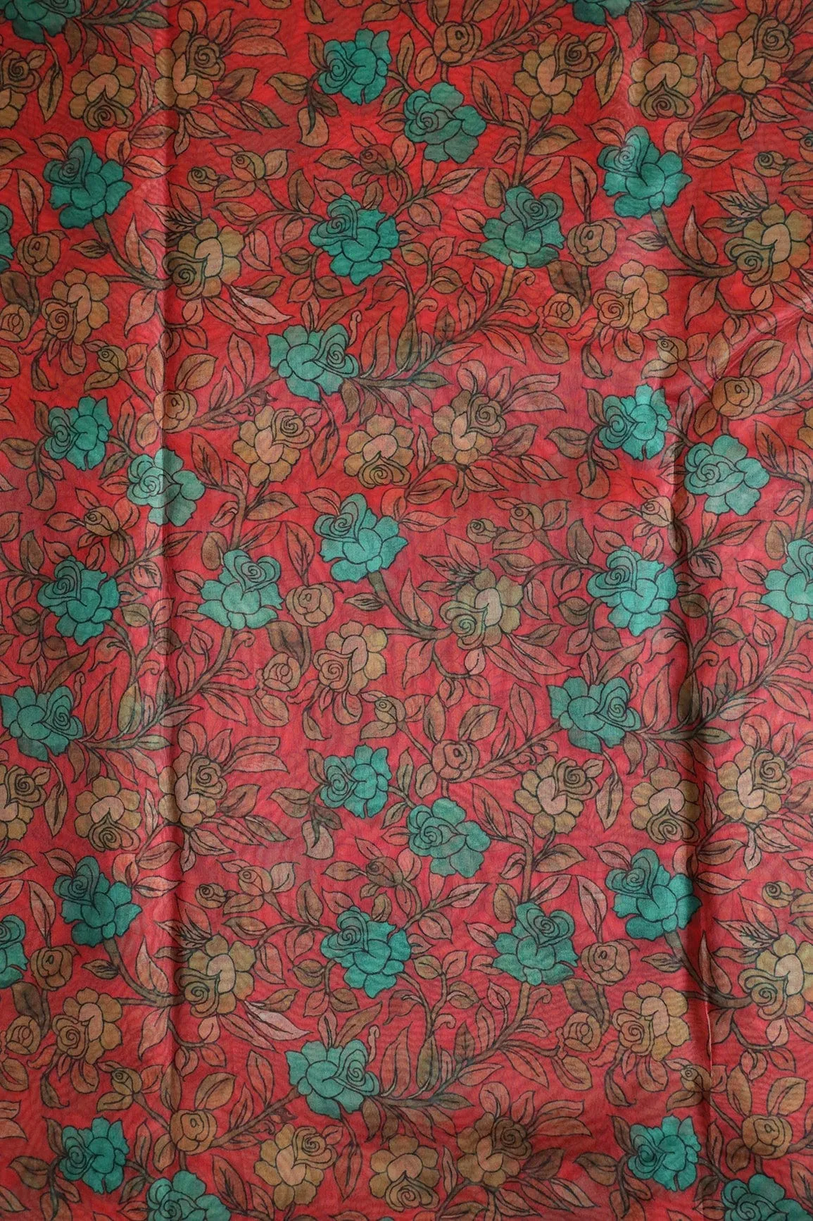 Turquoise Floral Digital Print On Red Organza Fabric
