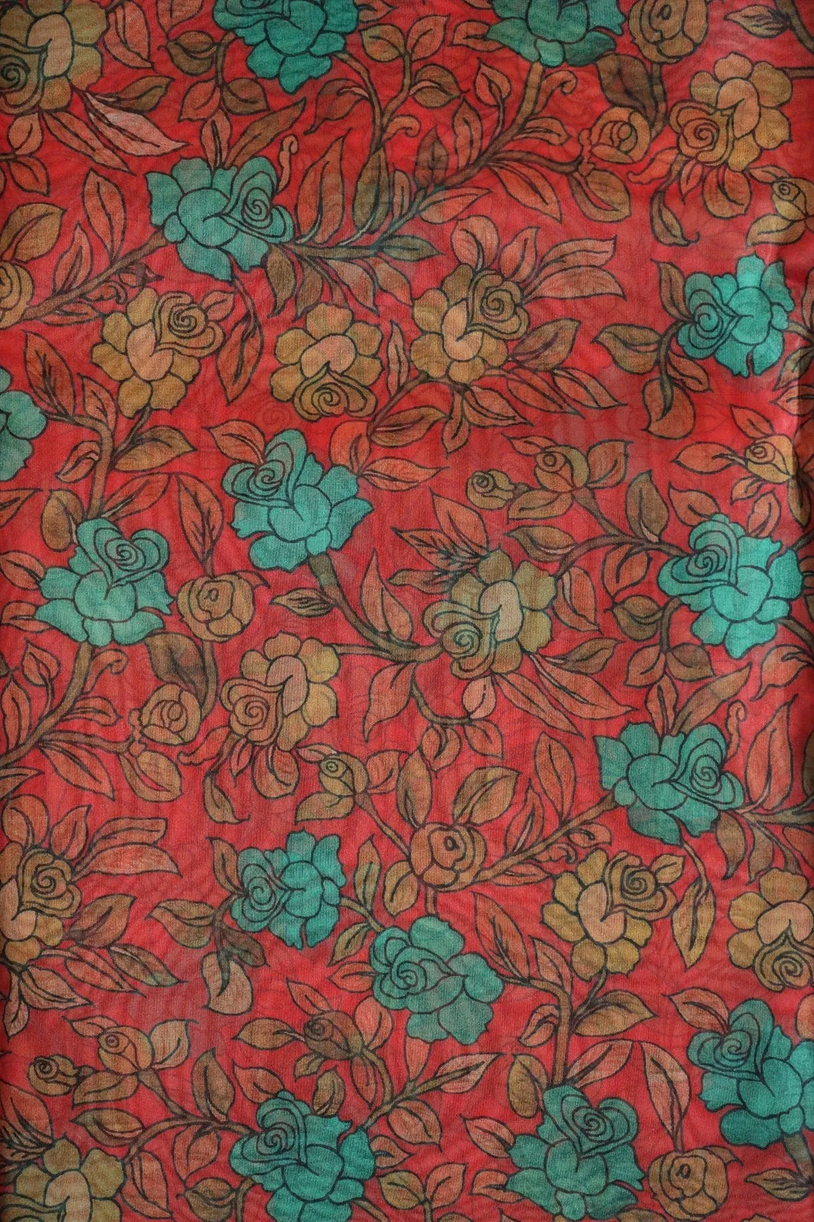 Turquoise Floral Digital Print On Red Organza Fabric