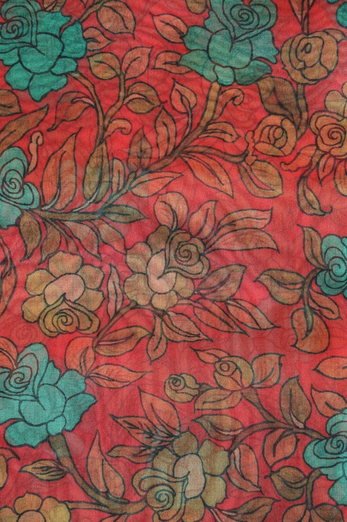 Turquoise Floral Digital Print On Red Organza Fabric