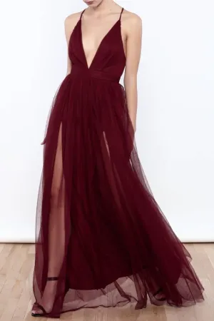 Unique Plunge V neck Burgundy Chiffon Flowy Prom Dress with Side Slits