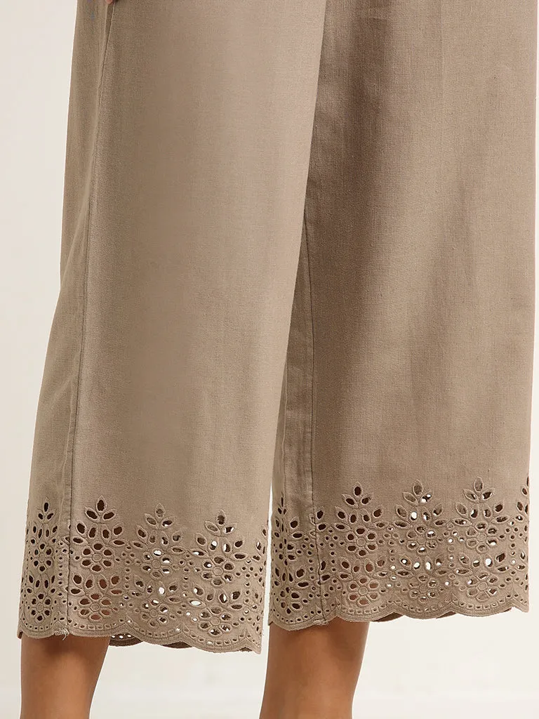 Utsa Taupe Crochet Detailed Cotton-Blend Palazzos