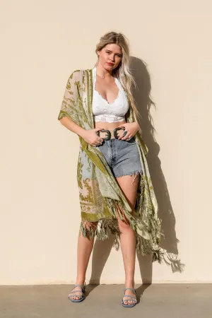 Velvet Fringe Kimono (Chartreuse)