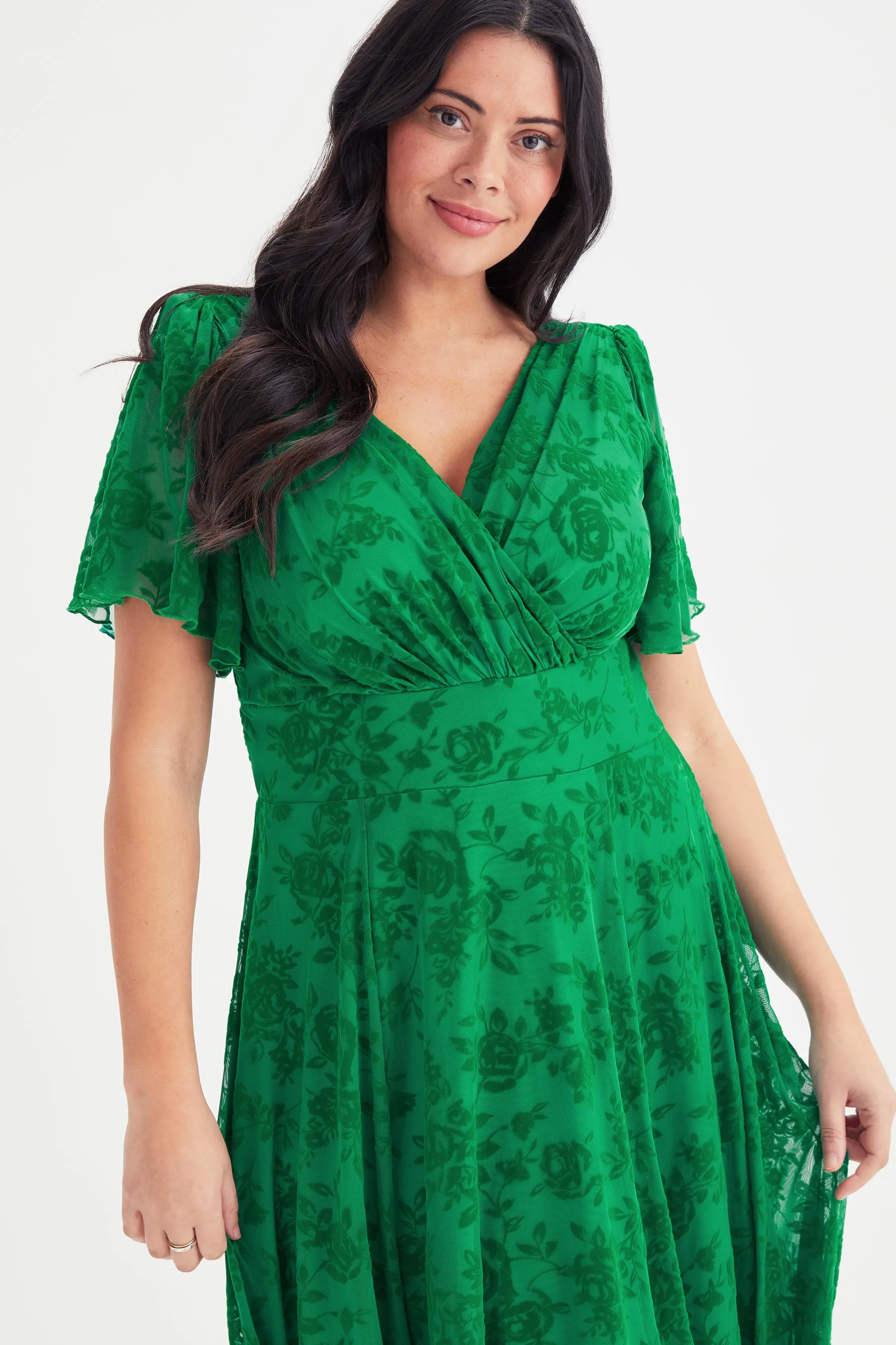 Victoria Green Velvet Flock Angel Sleeve Mesh Midi Dress