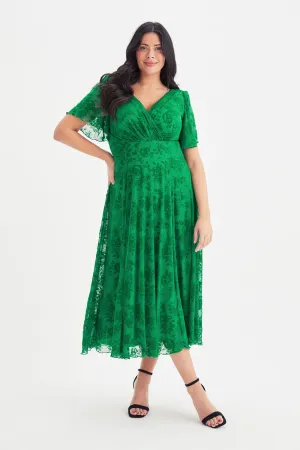 Victoria Green Velvet Flock Angel Sleeve Mesh Midi Dress