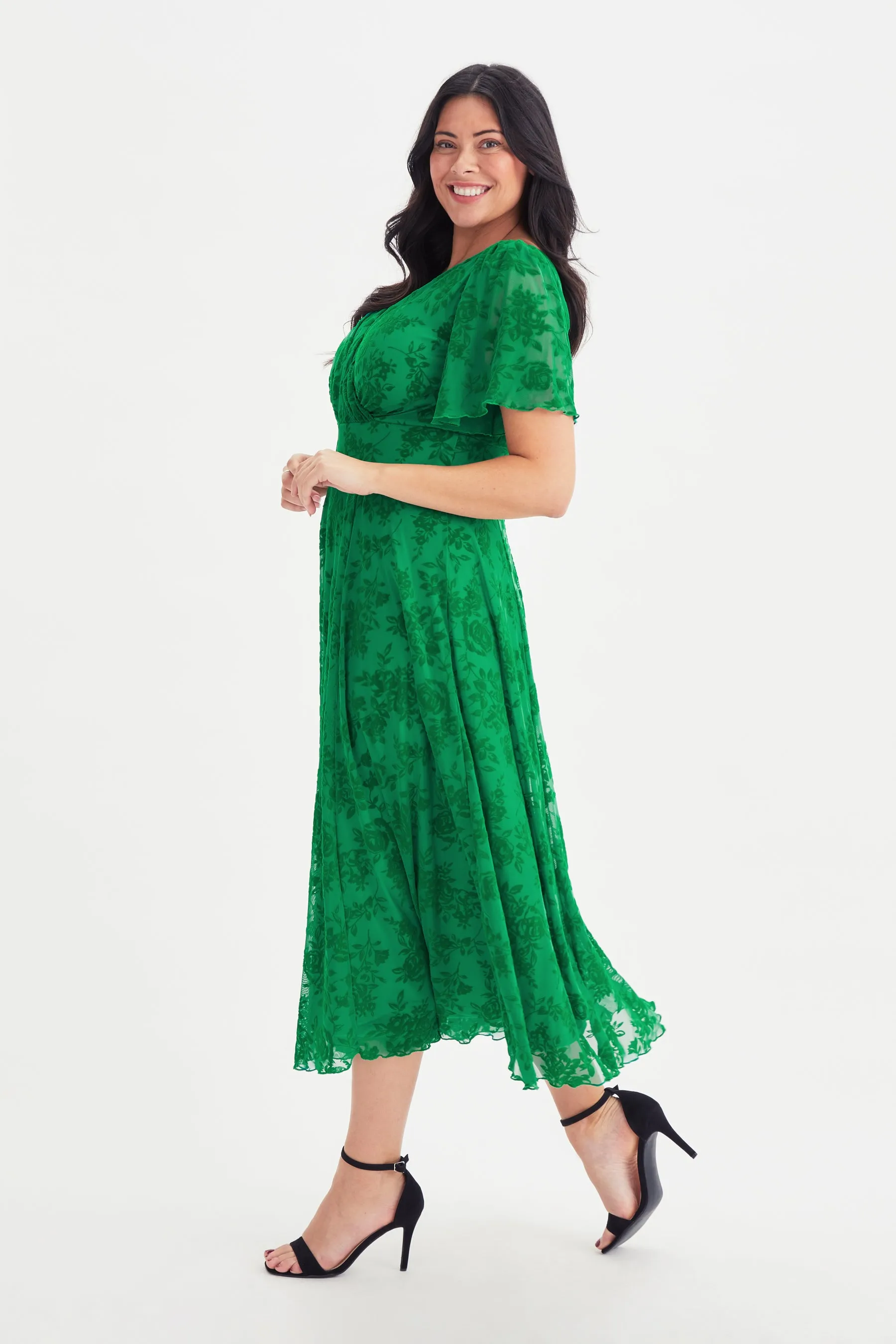 Victoria Green Velvet Flock Angel Sleeve Mesh Midi Dress