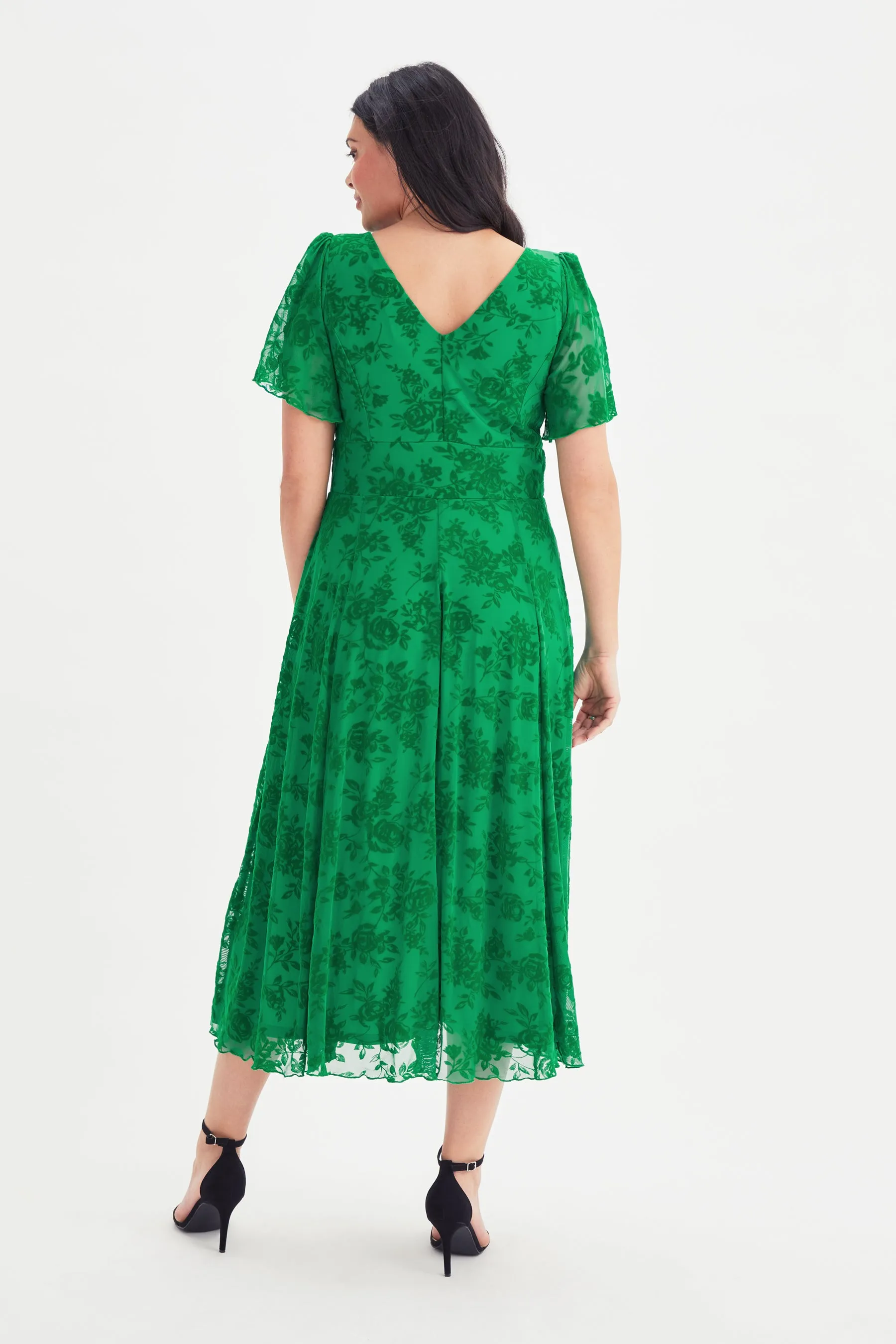 Victoria Green Velvet Flock Angel Sleeve Mesh Midi Dress