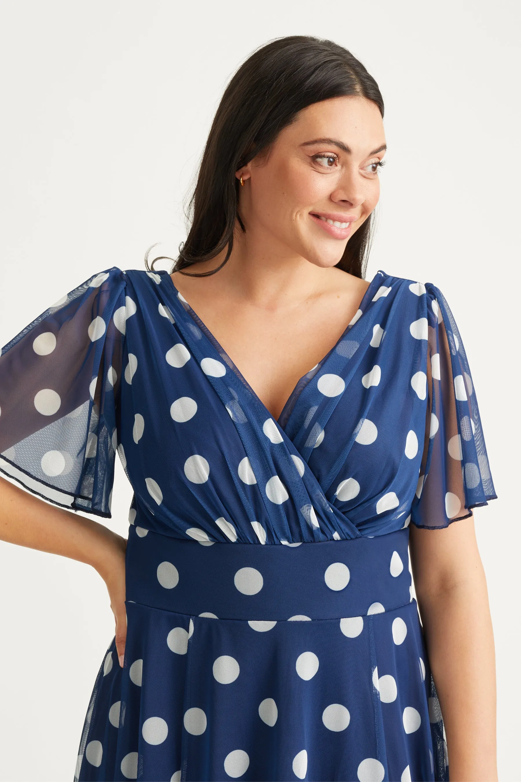 Victoria Navy Spot Angel Sleeve Mesh Long Midi Dress