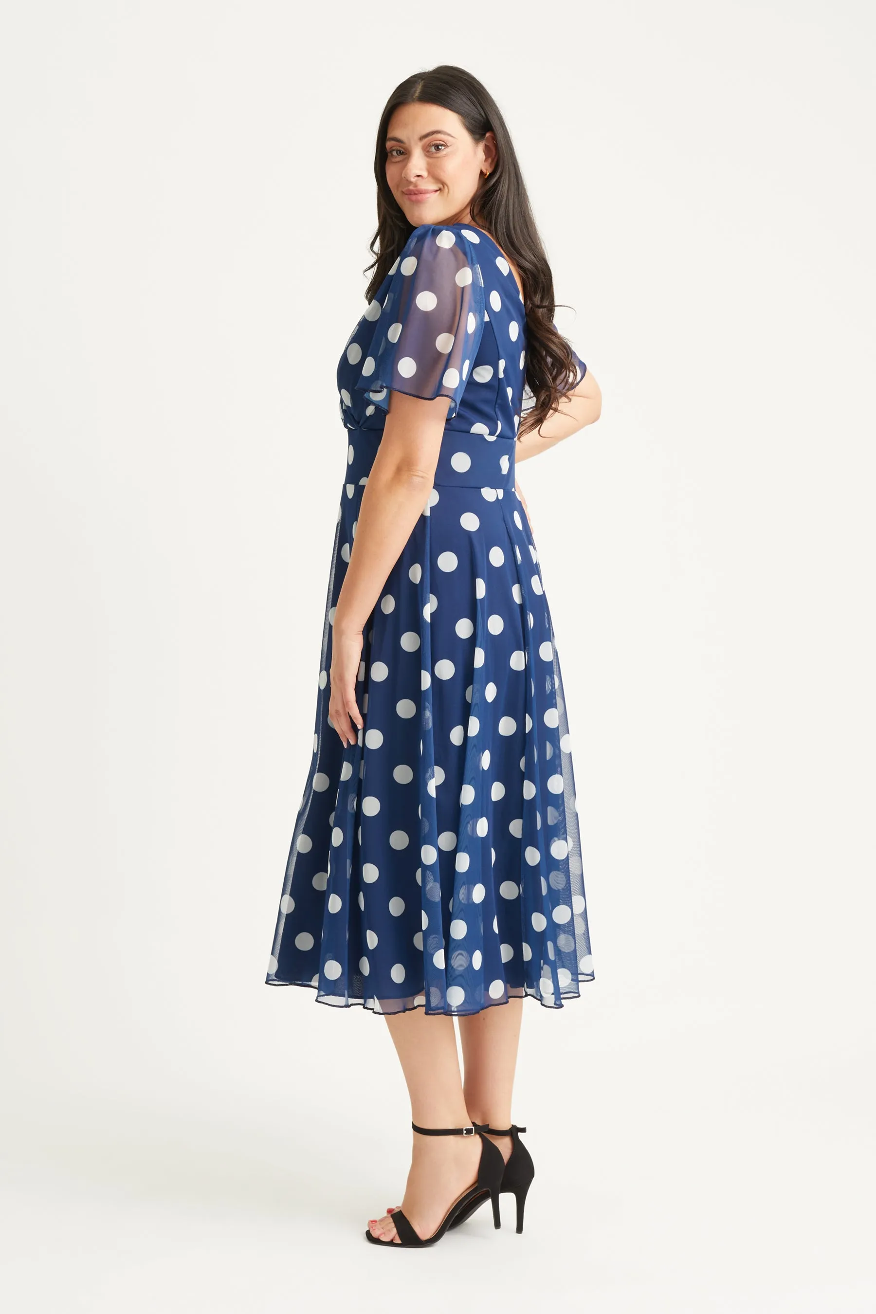 Victoria Navy Spot Angel Sleeve Mesh Long Midi Dress