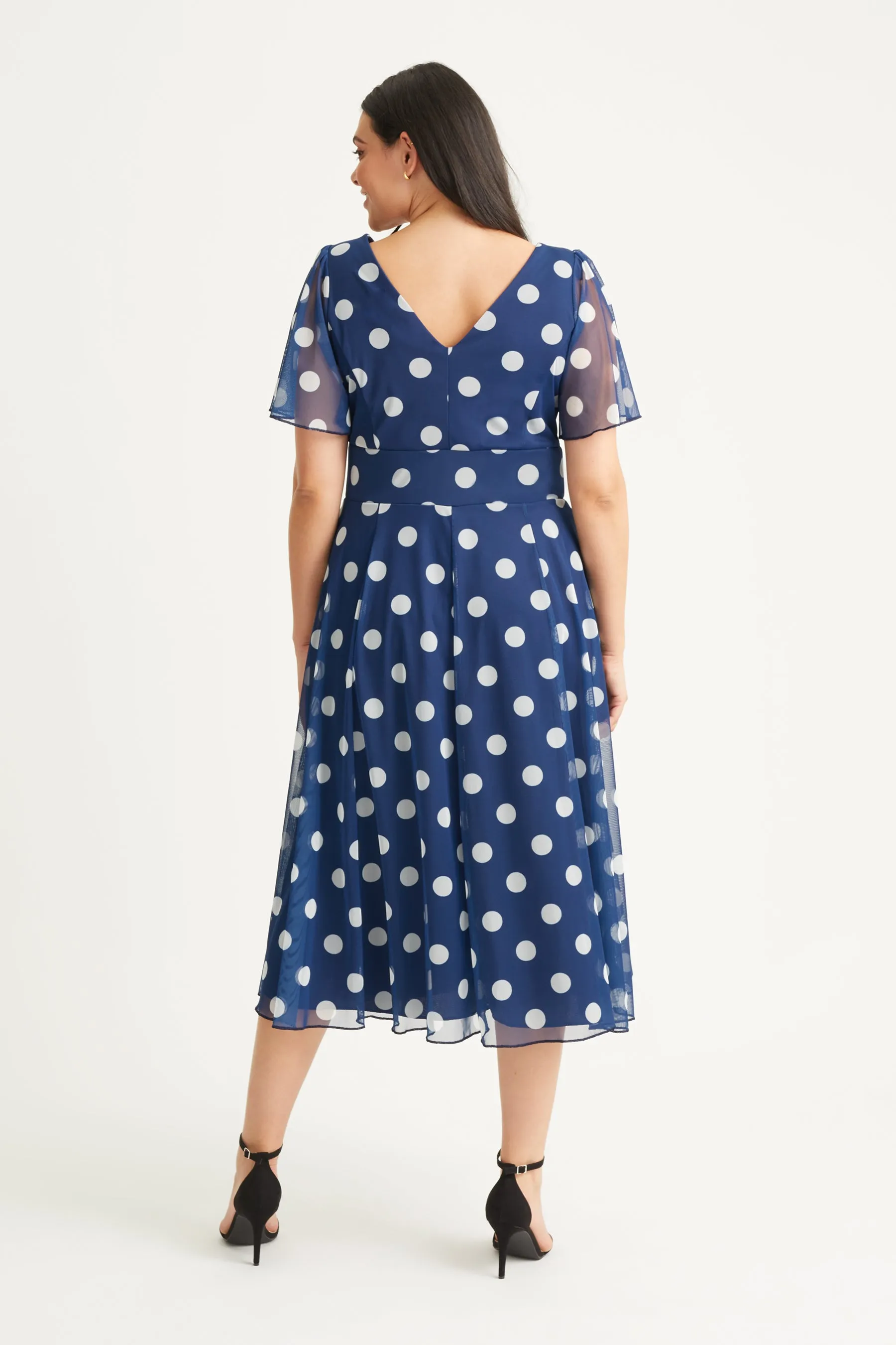 Victoria Navy Spot Angel Sleeve Mesh Long Midi Dress