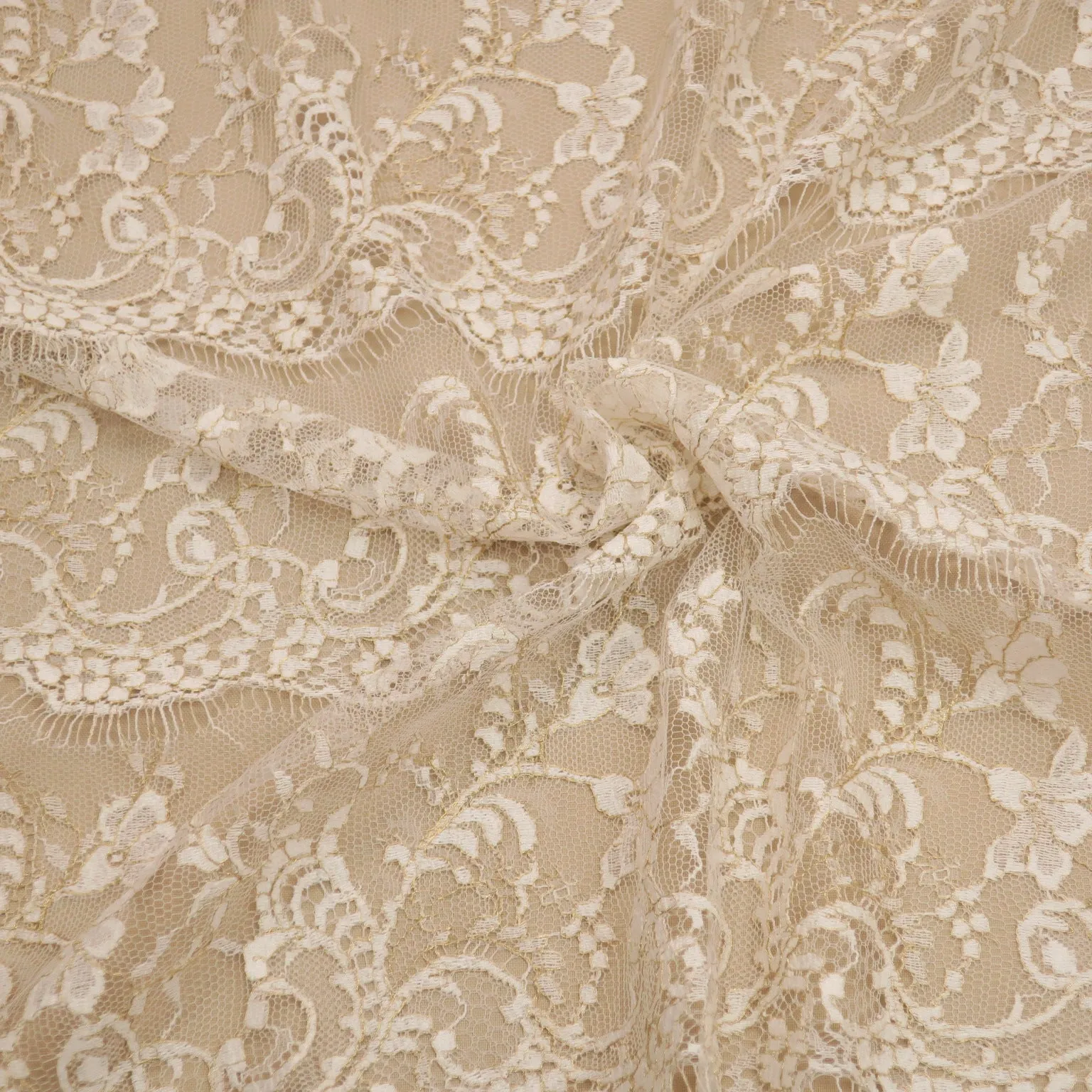 White and Gold Embroidered Tulle Floral Single Scalloped Lace