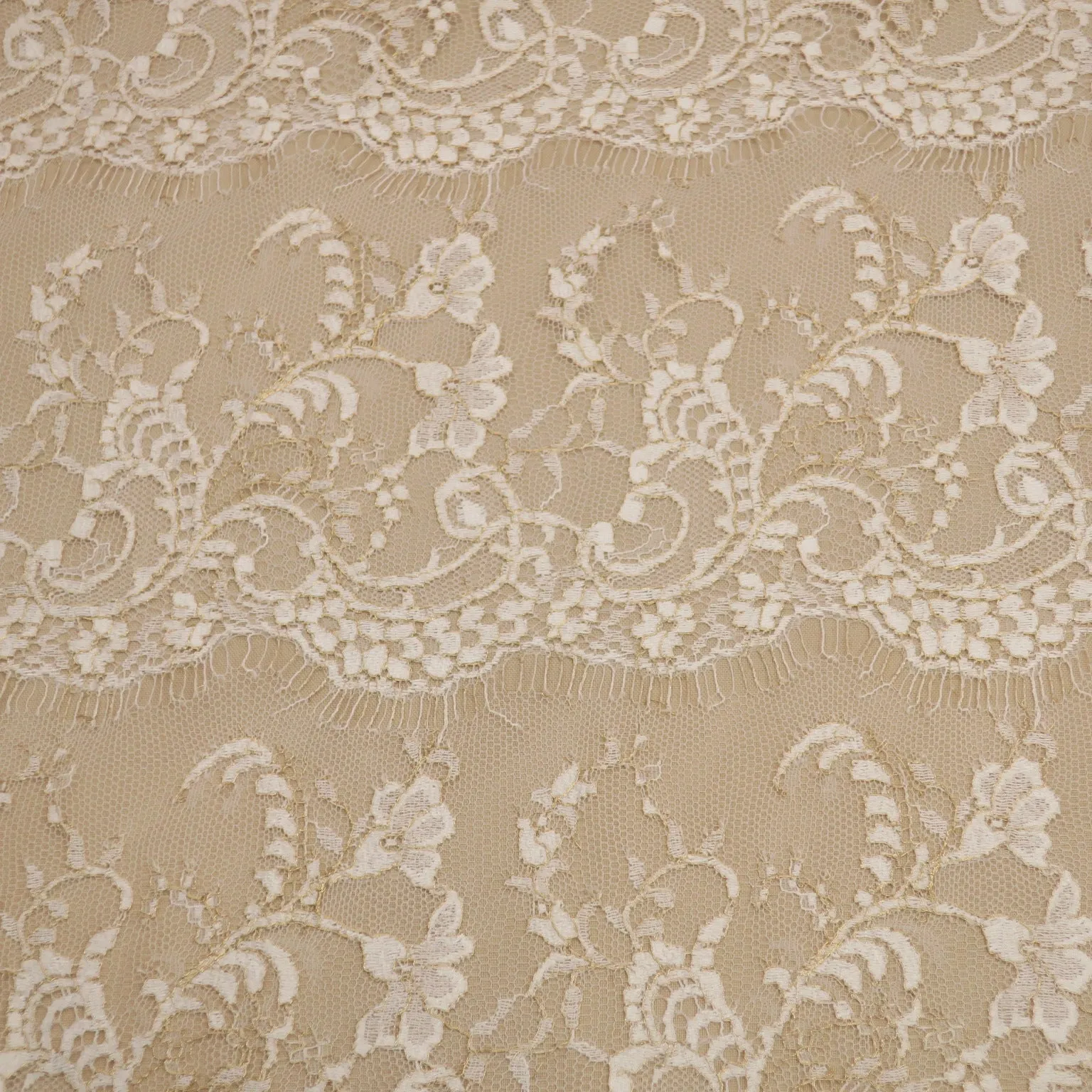 White and Gold Embroidered Tulle Floral Single Scalloped Lace