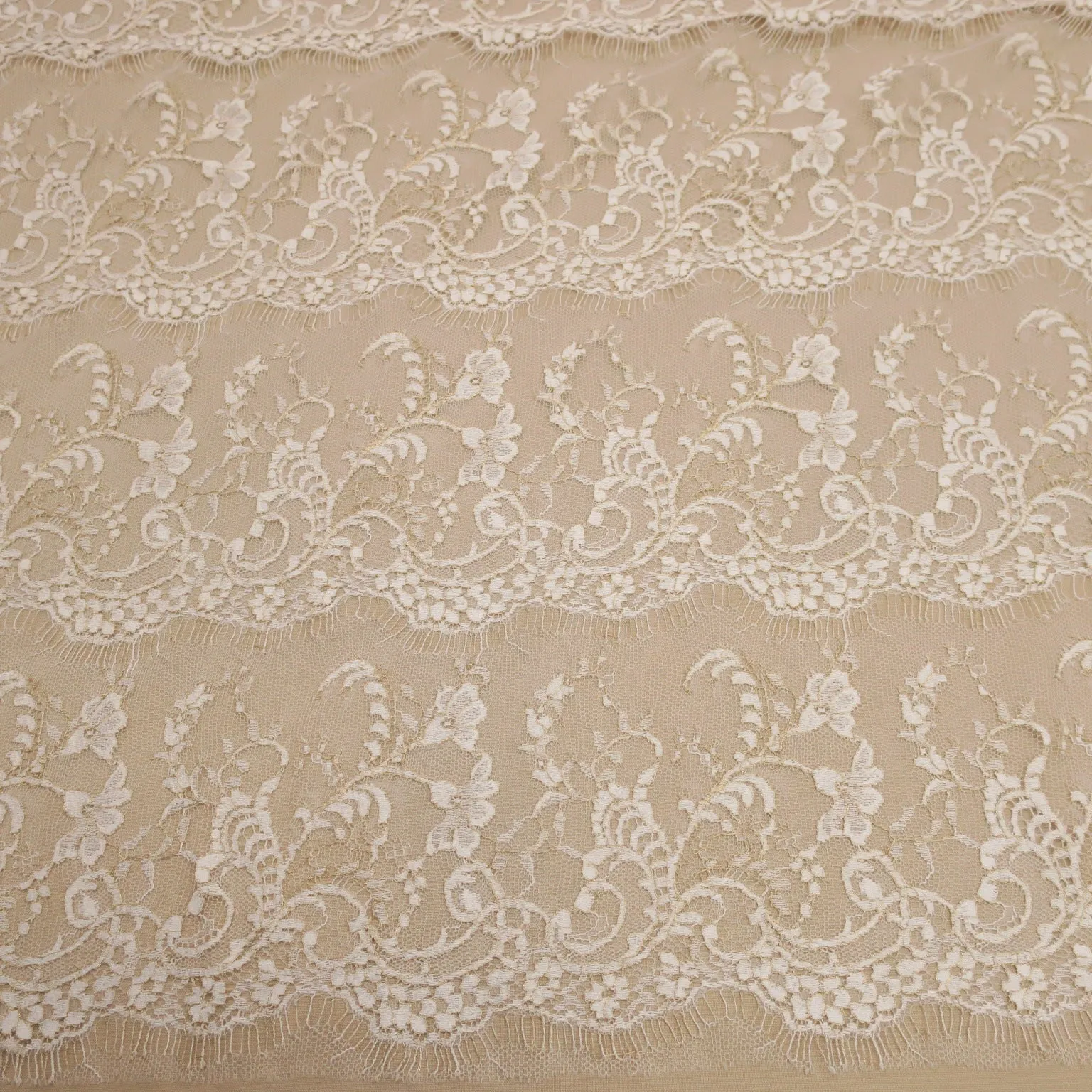White and Gold Embroidered Tulle Floral Single Scalloped Lace