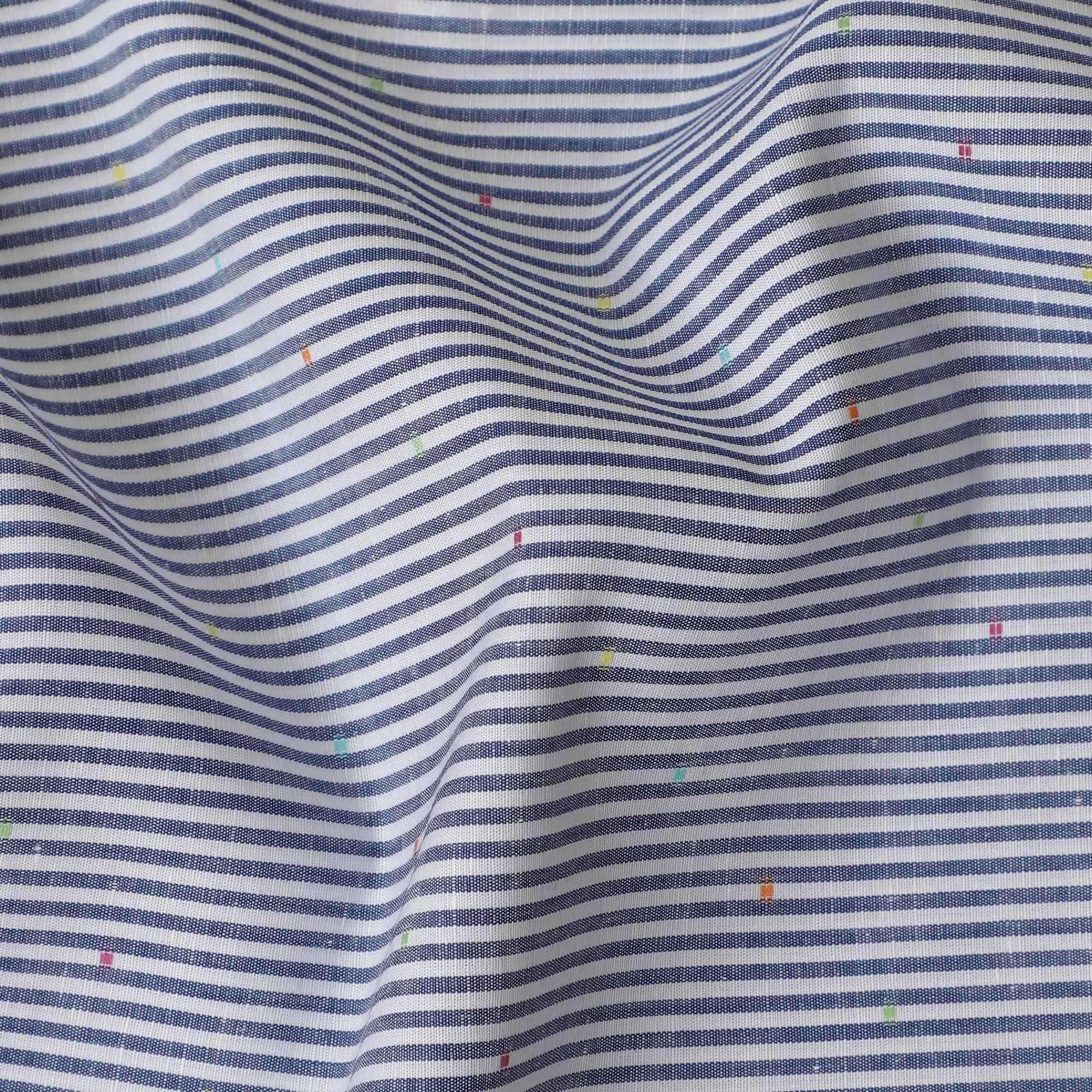 White premium pure linen fabric with blue weave in stripe design having multicolor jacquard-D11100