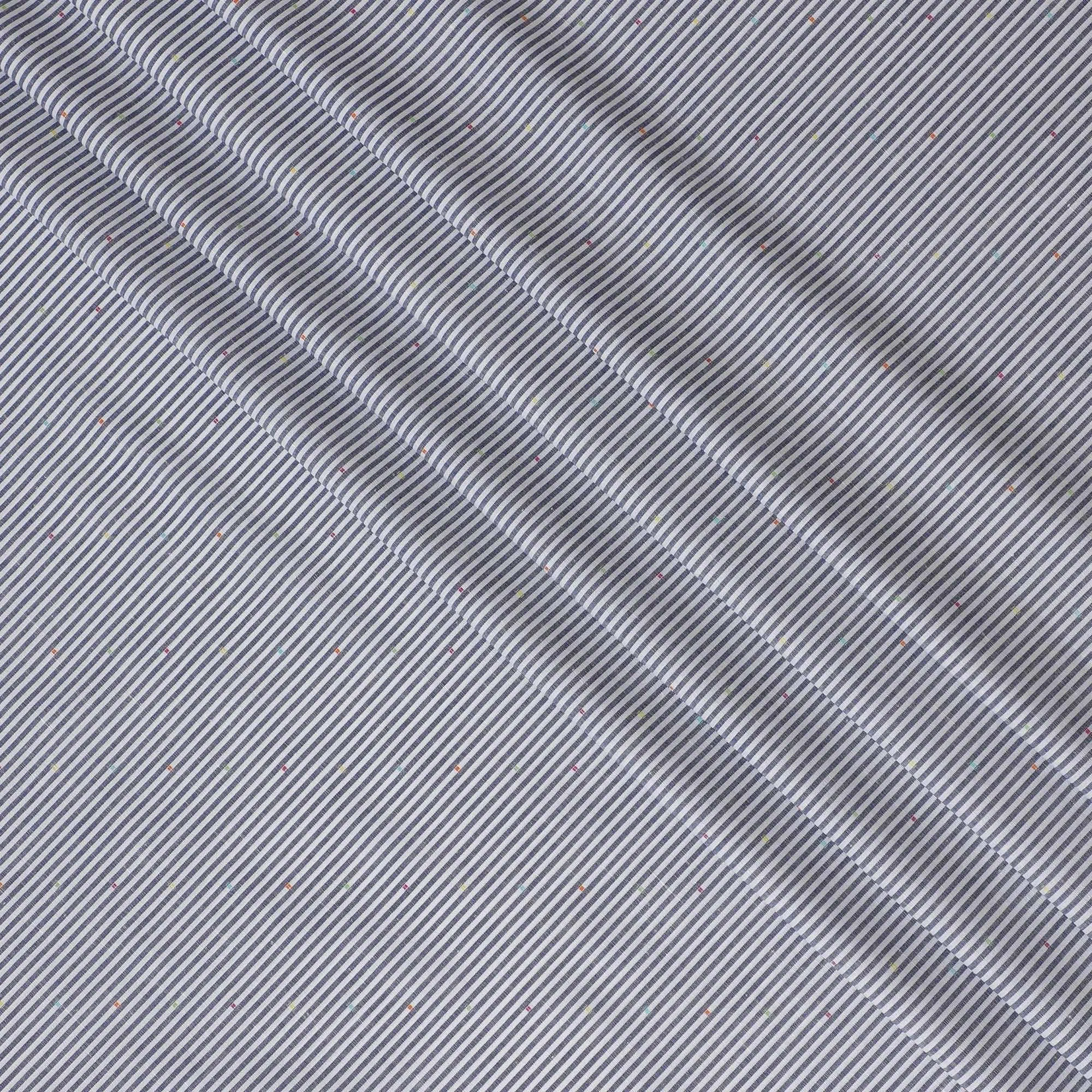 White premium pure linen fabric with blue weave in stripe design having multicolor jacquard-D11100