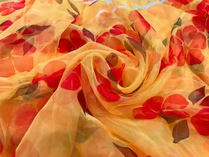 Yellow & Red Floral Printed Organza Fabric