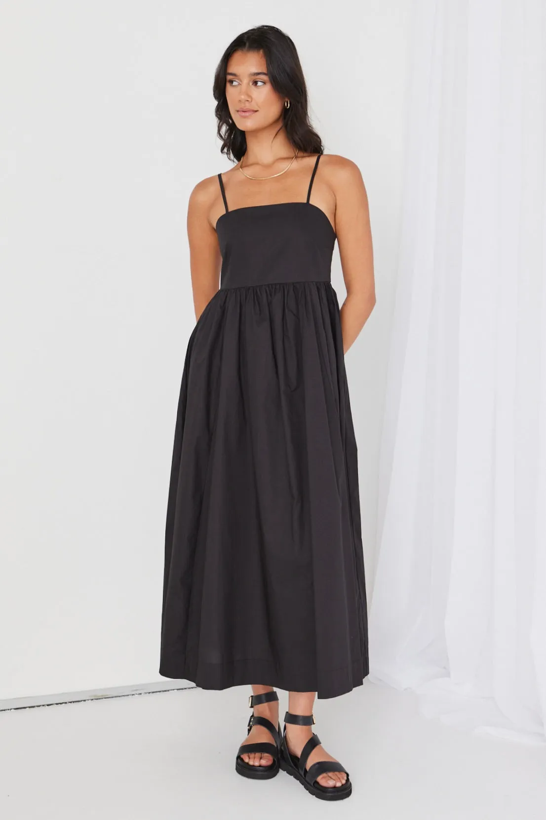 Zion Black Poplin Strappy Maxi Dress